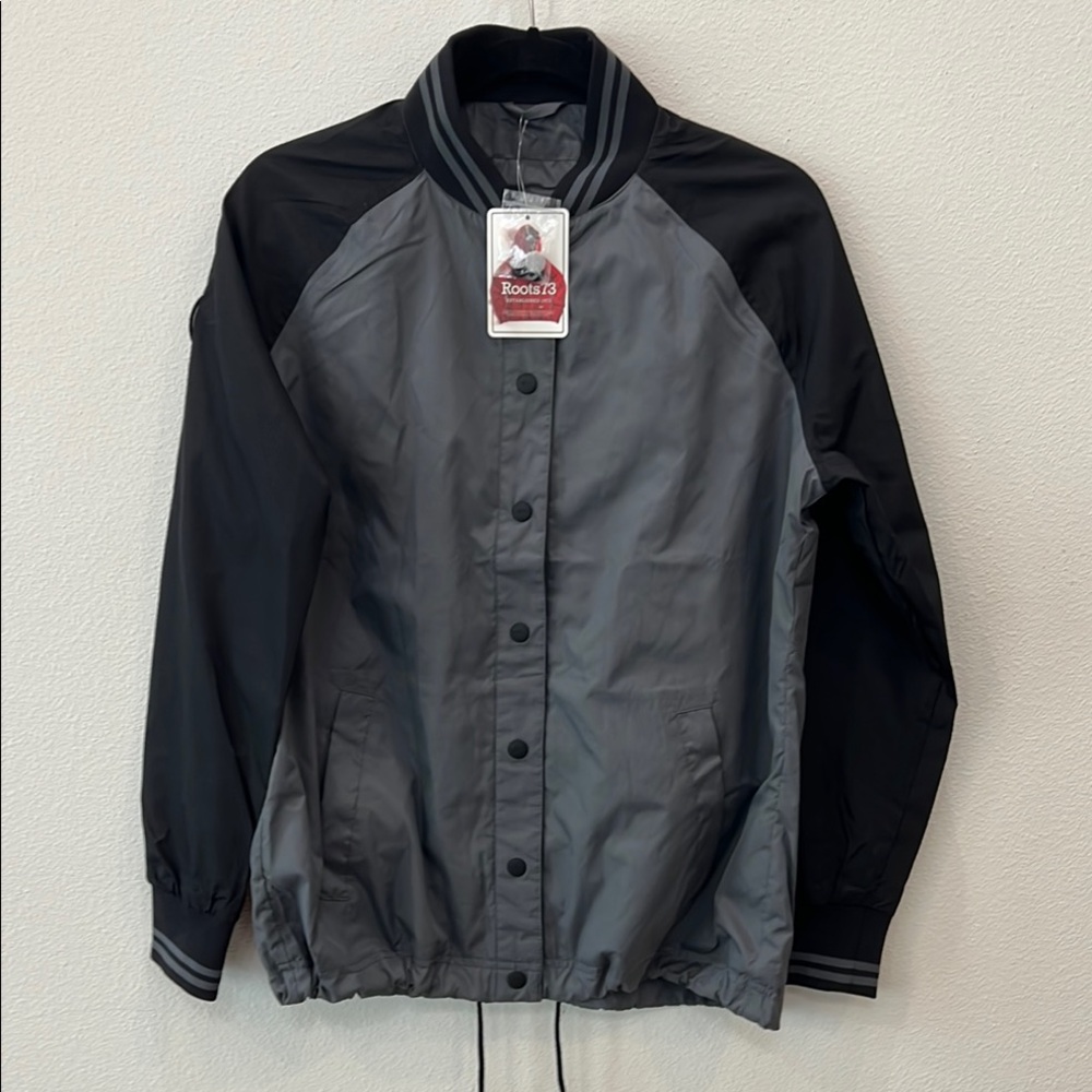 Roots Men’s Black and Gray Bomber Jacket with Stand-Up Collar 
Sz Med NWT